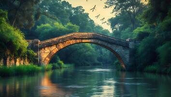 Stone Arch Bridge Over Calm River Surrounded by Lush Greenery photo