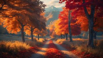 Walking on Dirt Road Through Forest with Autumn Colors photo