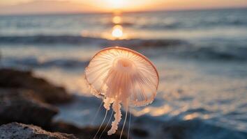 Jellyfish Floating Near the Ocean Shore at Sunset with Golden Light photo