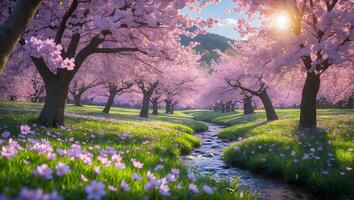 Flowering Trees Line a Stream in Springtime with Sunshine photo