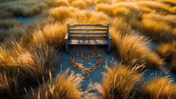 Bench and Heart Made of Stones Surrounded by Grass at Sunset photo