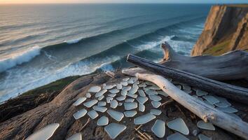 Arrangement of Beach Glass and Driftwood Overlooking Ocean Waves at Sunset photo