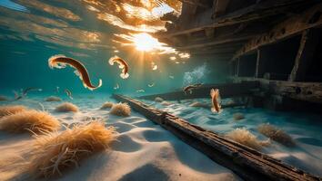 Underwater Wreck with Marine Life on Sandy Seabed Bright Sun Rays photo