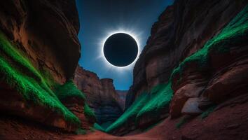 Viewing Total Solar Eclipse in Canyon Landscape with Green Moss Walls photo