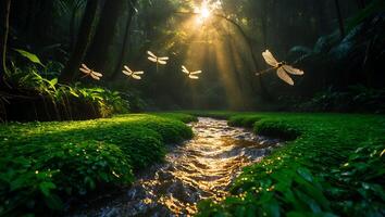 Dragonflies Hovering Above Forest Stream with Sunlight Filtering Through Trees photo