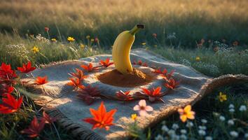 Banana on Cloth with Red Leaves in a Floral Meadow photo