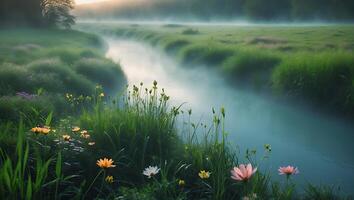 Tranquil Stream with Flowers and Morning Mist Flowing Through Meadow photo