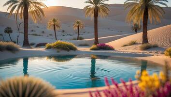 Oasis Water Pool in Desert Landscape with Palm Trees and Flowers photo