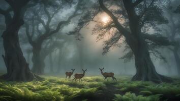 Deer Grazing in Foggy Forest at Dusk with Sun Peeking Through photo
