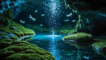 Cave Pool with Dragonflies and Luminous Water Sparkles Creating Magic photo