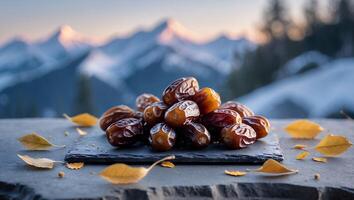 Pile of Dates on Slate with Mountain Backdrop and Leaves photo