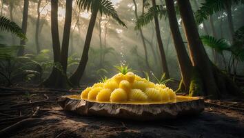 Pineapple Pieces on a Wooden Tray Displayed in Tropical Forest photo