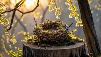 Bird Nest on Tree Stump in Forest with Sunlit Blossoms photo