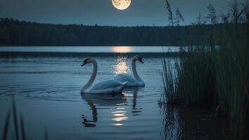 Swans Swimming on Lake Water at Night Under a Full Moon photo