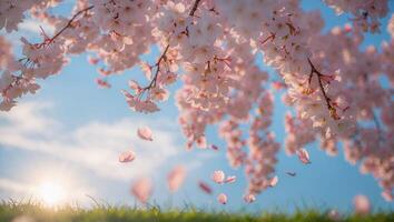 Cherry Blossom Tree Branch with Petals Falling Against Blue Sky photo