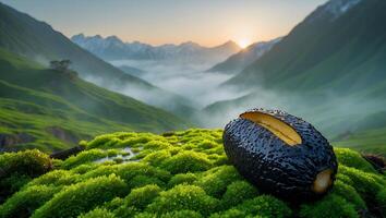 Surreal Landscape with Unique Seed Pod on Mossy Hillside photo