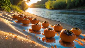 Persimmon Fruits Arranged Neatly on Sandy Riverbank During Sunset photo