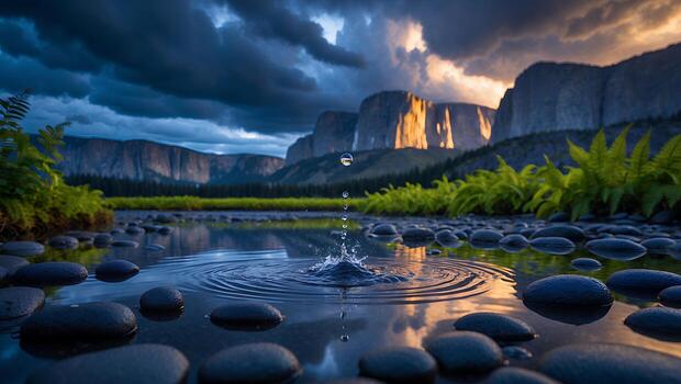 Water Drop Creates Ripples in Still Lake Reflecting Mountain Scenery photo