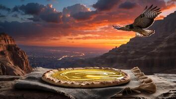 Serving Manouche Overlooking a Dramatic Cityscape with Flying Hawk photo