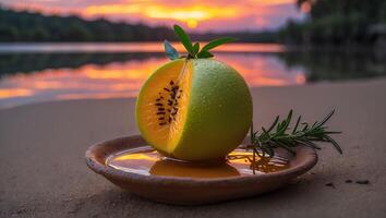 Sliced Fruit on Clay Plate with Rosemary at Sunset Beach photo