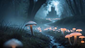 Glowing Mushrooms Along Misty Forest Path Leading to Distant Structure photo