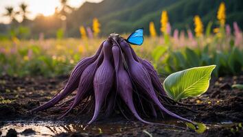 Purple Root Vegetable with Blue Butterfly in a Garden Setting photo
