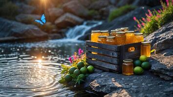 Jars of Jam by Water with Butterfly and Floral Accent photo