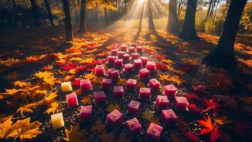 Candle Pathway Through Autumn Forest with Sunlight and Fallen Leaves photo
