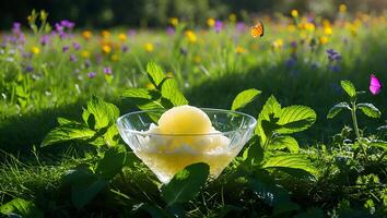 Refreshing Lemon Sorbet in Glass Bowl with Mint on Grass Field photo