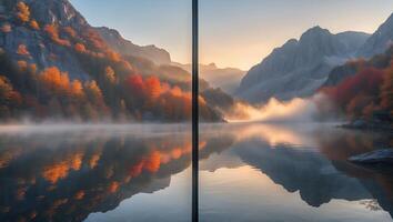 Reflecting Calm Mountain Lake with Autumnal Trees and Misty Sunrise photo