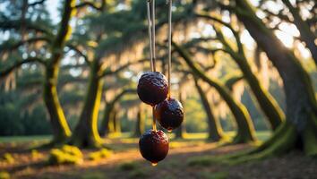 Caramel Apples Hanging with Trees in Background During Golden Hour photo
