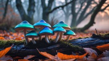 Glow Mushrooms Growing on Mossy Log in Forest Setting photo