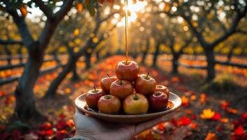 Pouring Syrup Over Apples in Orchard During Autumn with Warm Light photo