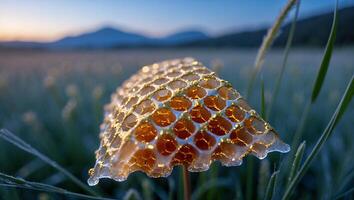 Dew Covered Geometric Object in Meadow at Dusk with Mountains photo