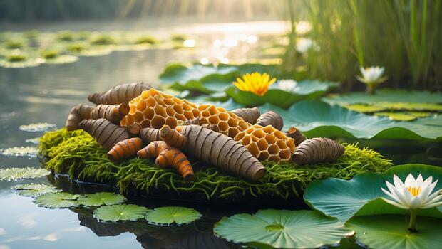 Mossy Island with Root Vegetables and Honeycomb Floating on Lily Pond photo