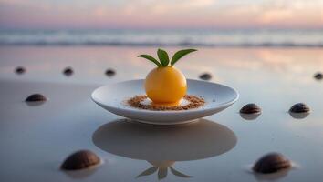 Creative Orange Dessert on Plate at Beach with Seashells Sunset photo