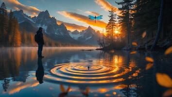 Man by Lake Watching Dragonfly at Sunset with Mountain Backdrop photo