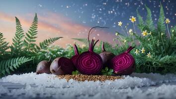 Beets with Ferns and White Flowers Against Soft Sky Backdrop photo