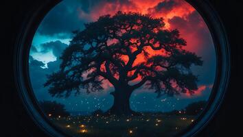 Majestic Tree Silhouette Against Dramatic Sky Seen Through Portal photo