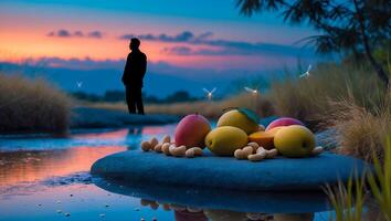 Fruit and Nuts Still Life by River at Dusk with Figure photo