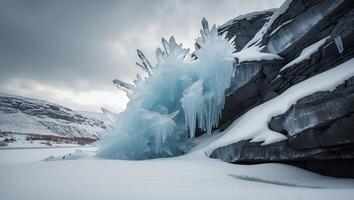 Frozen Crystals and Icicles Clinging to Rock Formation in Winter Landscape photo