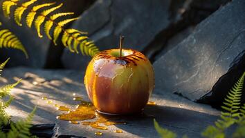 Apple with Honey Dripping Sitting on Stone Surface with Ferns photo