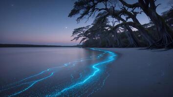 Glowing Bioluminescent Waves at Dusk on a Tranquil Sandy Beach photo