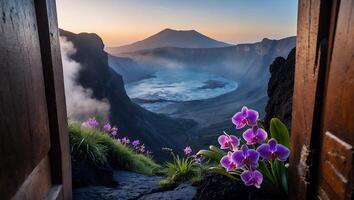 Volcano Crater Lake View Through Open Door with Wild Orchids photo