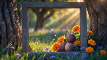 Figs and Flowers with Wooden Frame in Sunlight Meadow photo