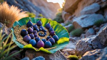 Arrangement of Figs on a Leaf Plate in a Mountainous Landscape photo