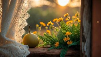 Yellow Flowers and Pear on Wooden Surface with Soft Light photo