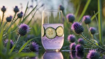 Refreshing Cucumber Water in Glass Amidst Purple Thistles Outdoors photo