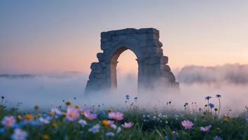 Old Stone Archway Emerging From Fog Above Wildflower Meadow photo