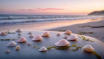 Seashells on Rock at Ocean Beach During Sunset Peaceful Scene photo